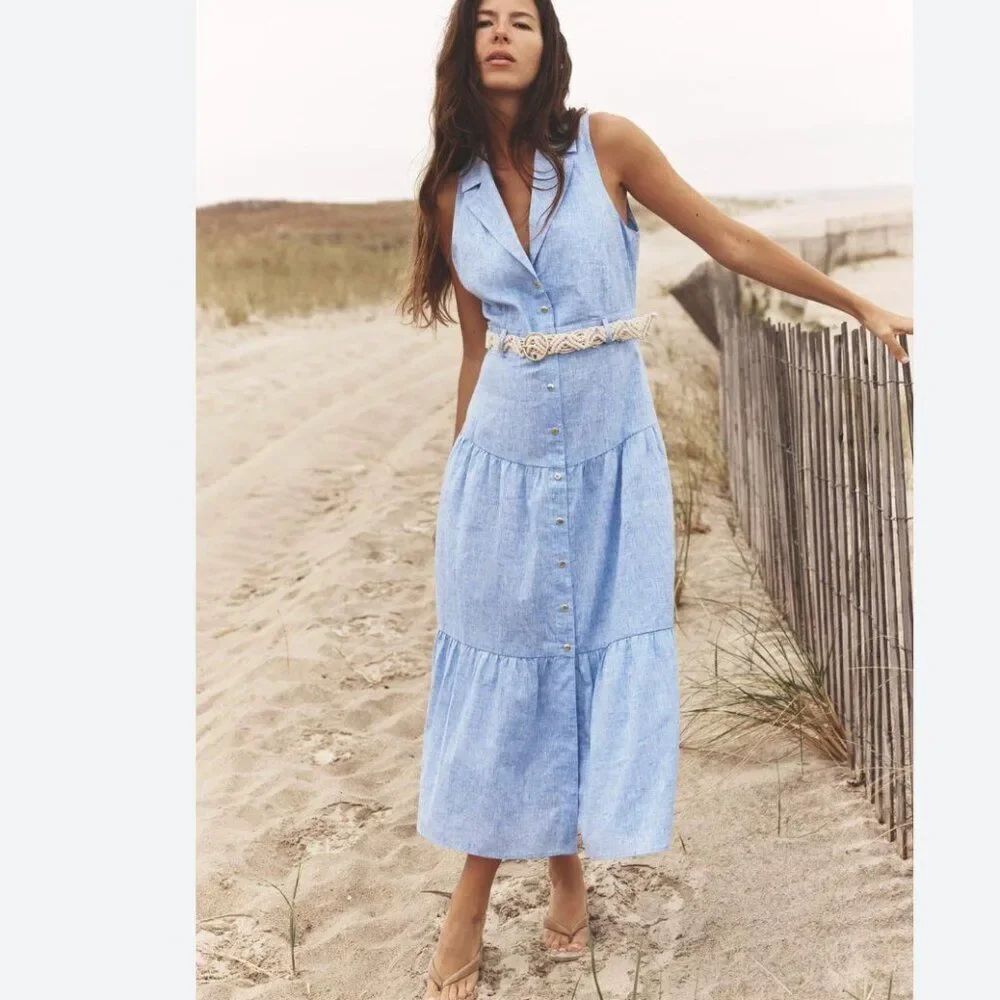Zara Womens Midi Shirt Dress Small Blue Belted Collared Sleeveless 8372/110 NWT
